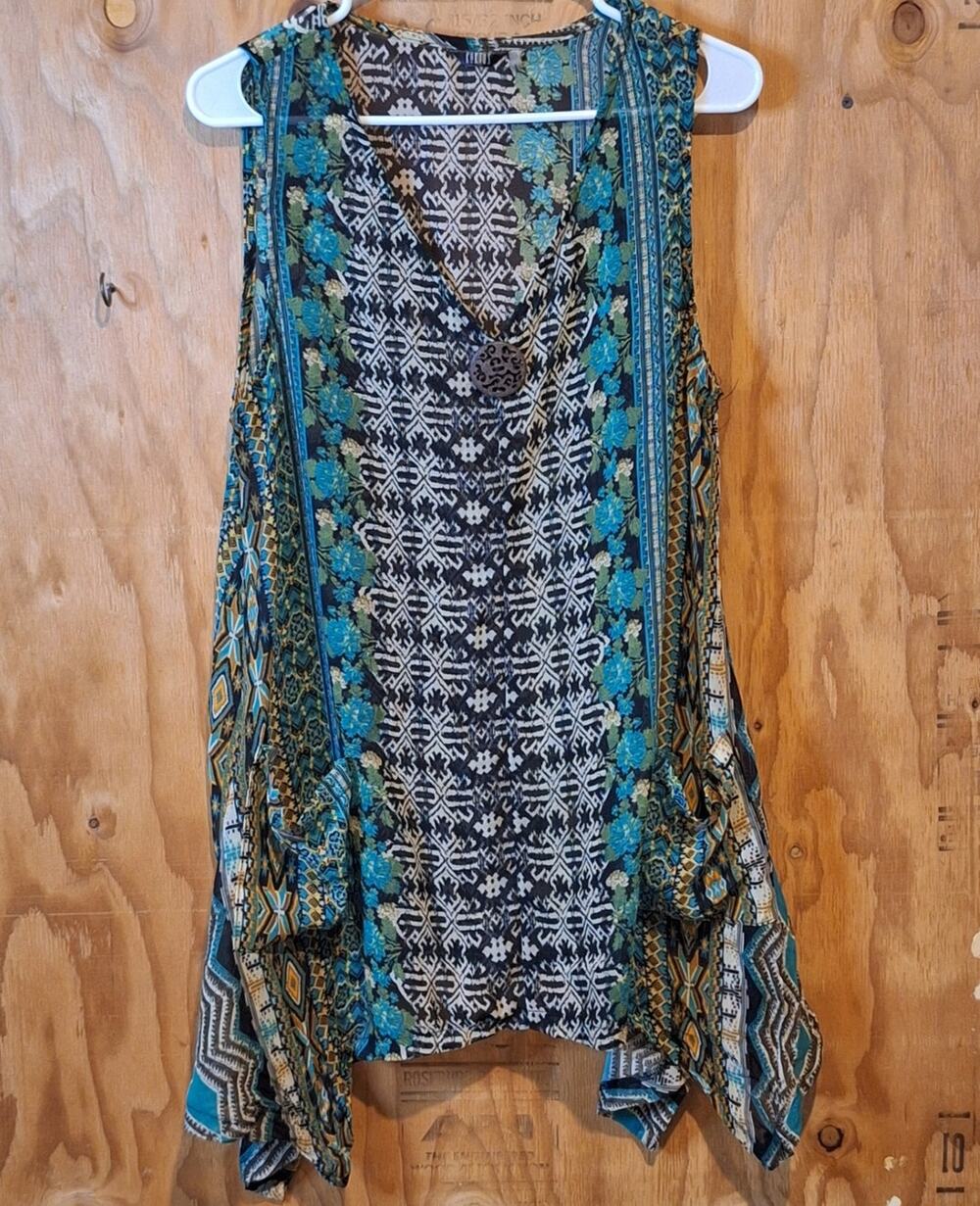 Kaktus Shirt Womens Medium Sleeveless Chiffon Bohemian Lagenlook Tunic BohoStyle